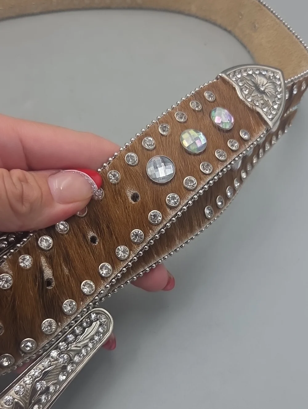 Nocona Genuine Leather Calf Hair on Hide Rhinestone Belt Rodeo Western Bling
